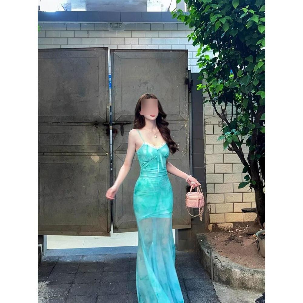 Light green butterfly print mesh suspender dress women's summer seaside vacation pure desire fishtail hip wrap long skirt