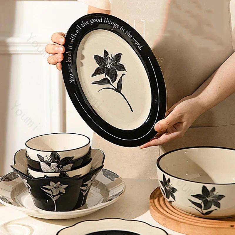 Retro Flowers Ceramic Plate Light Luxury Restaurant Steak Plate Afternoon Tea Dessert Fruit Plates Exquisite Black Tableware