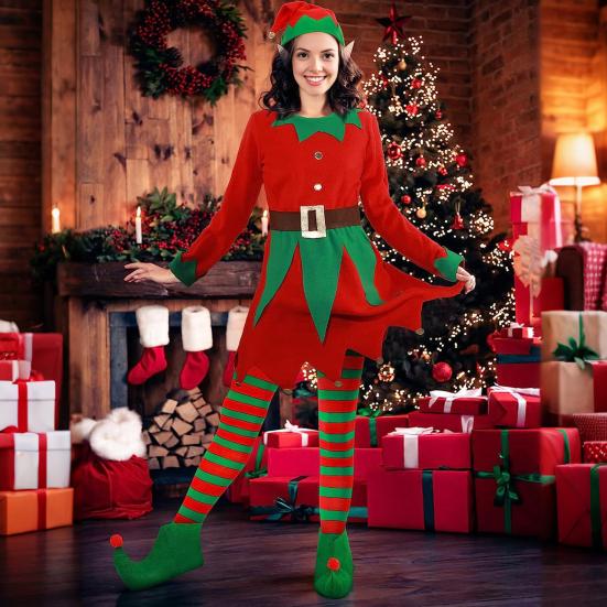 1 Set Christmas Elf Costume Kids Women Elf Outfit Red Green Dress Hat Striped Stockings Elf Ears Shoes Belt Set for Girls Christmas Parties Cosplay