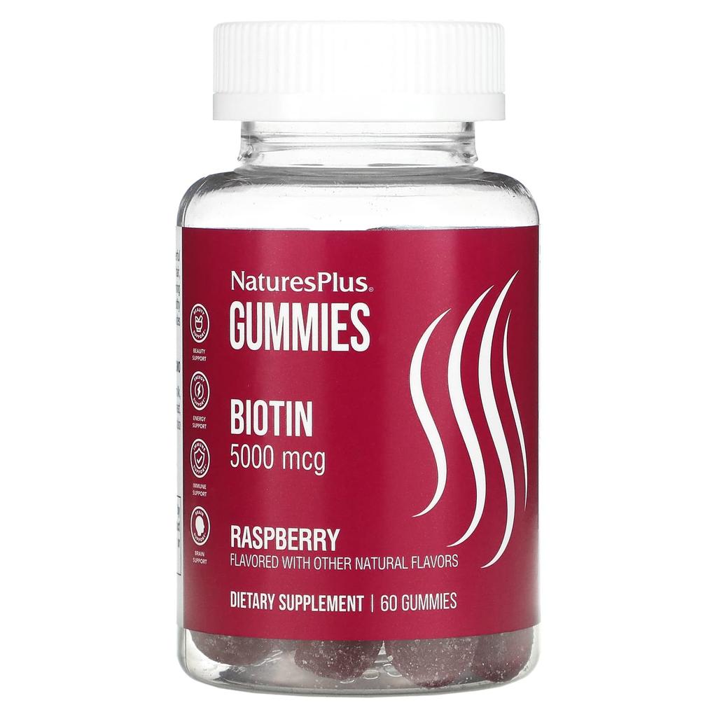 NaturesPlus Biotin Gummies, Raspberry, 5,000 Mcg, 60 Gummies