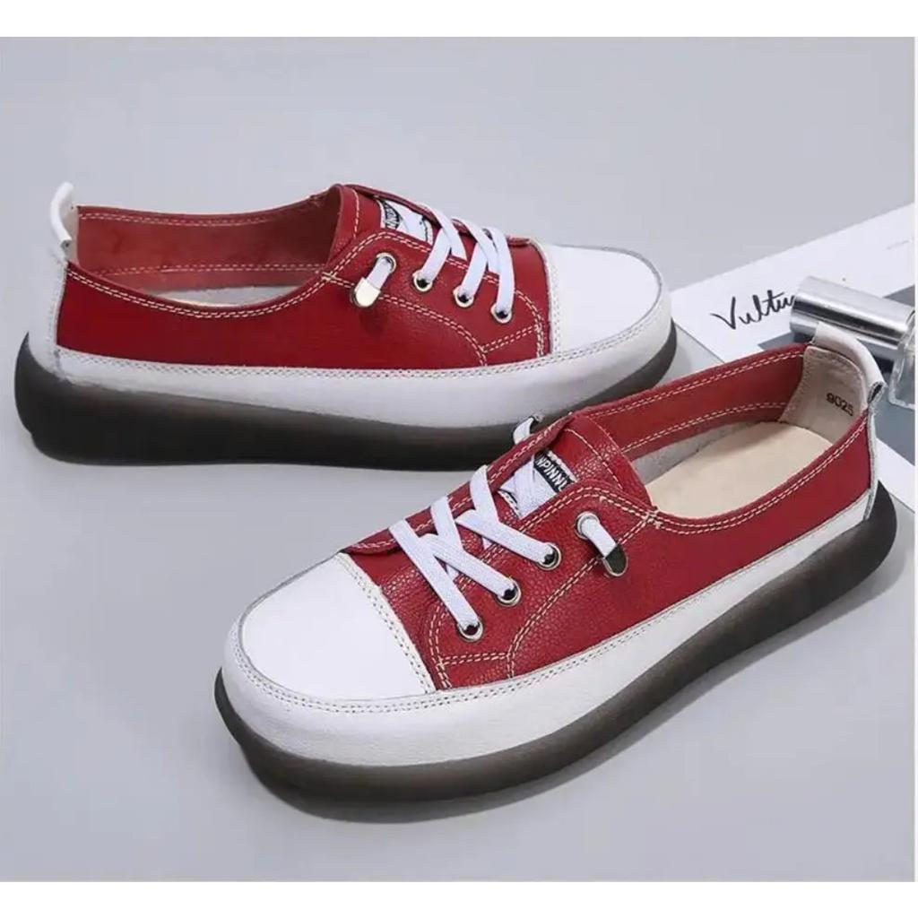 Women Spring Sneakers 2024 New Genuine Leather Trend Color Matching Women Shoes Flat Lace-up Casual Girl Student Shoes