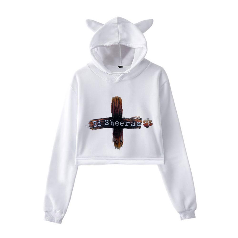 

НОВЫЙ Модный Худи Кроп-Топ с Графическим Принтом Эда Ширана Каваии Смешной Свитшот с Ушками Кошки Укороченный Короткий Пуловер с Капюшоном Женские Топы Уличная Одежда XS белый