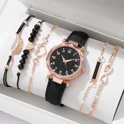Fashionable Simple Trendy Round Dial Leather Strap Women's Quartz Watch Bracelet Set for Christmas and Thanksgiving Gifts