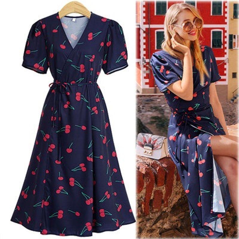 

Cherry Tied Dress Thailand Oversize Women s Clothing Dark blue L