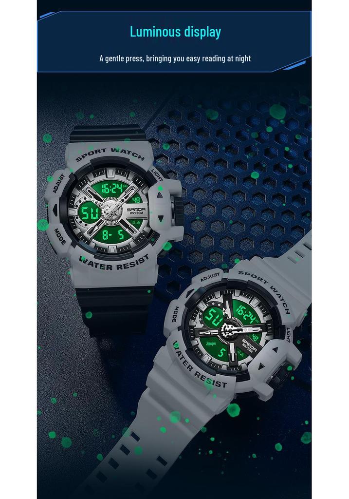 Sanda Men's Dual Display Waterproof Sports Watch: Multifunctional, Luminous, Fashionable, and Versatile for Outdoor Activities.