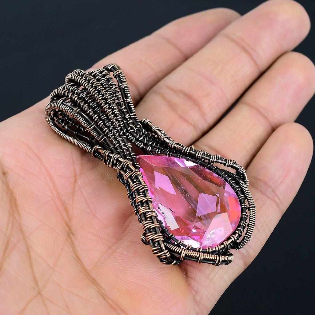 Dazzling Pink Kunzite Gemstone Handmade Copper Wire Wrap Jewelry Pendant