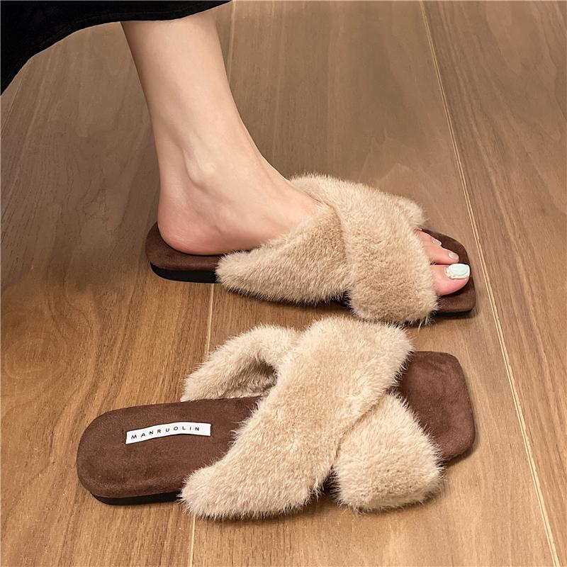 Fashion Aphixta Cross Straps Furry Slipper Sexy Leopard Prints Women Slides Square Toe Shoes Outside Flat Heel Hair Women Shoes Slides