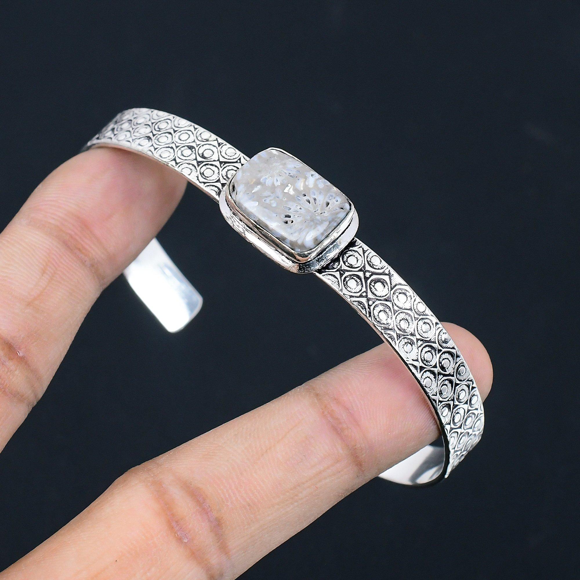 

Natural Fossil Coral Gemstone 925 Sterling Silver Bangle Adjustable For Girls Adjustable