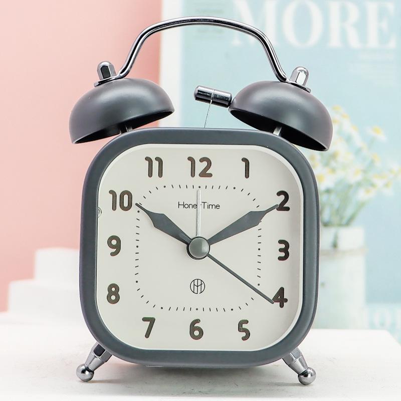 Student 3-inch Square Metal Bell Ring Alarm Clock Home Bedside Sweep Second Night Light Clock Quartz Clock
