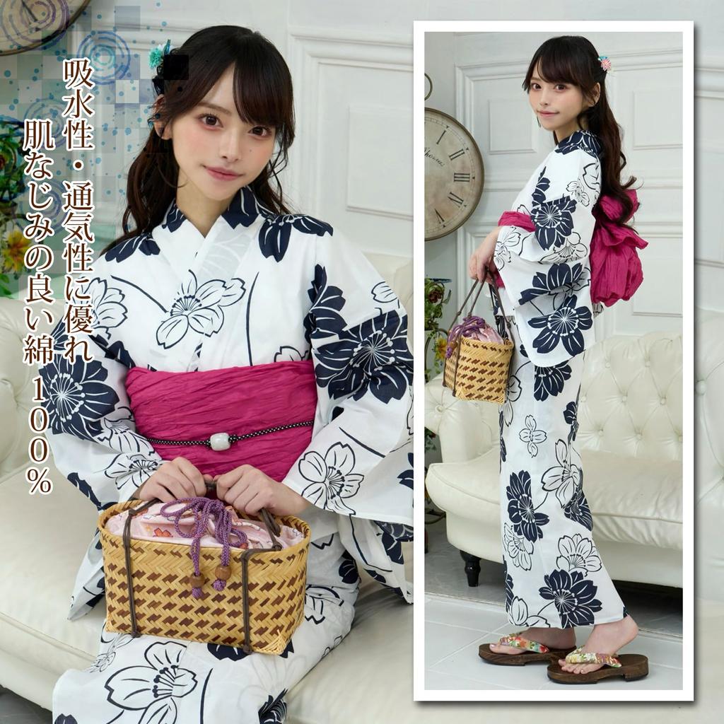 RAVIR Yukata Monochrome White with Floral Bold and Powerful Fluffy Obi and Geta One Size Fits All Women's 3-Piece Set, Design, Kimono, Belt, Sandals,