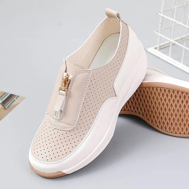 

Весна и лето, новые повседневные женские туфли с мягкой подошвой и дырочками в римском стиле в стиле ретро с молнией спереди, мокасины для мам, одинарные сандалии 40