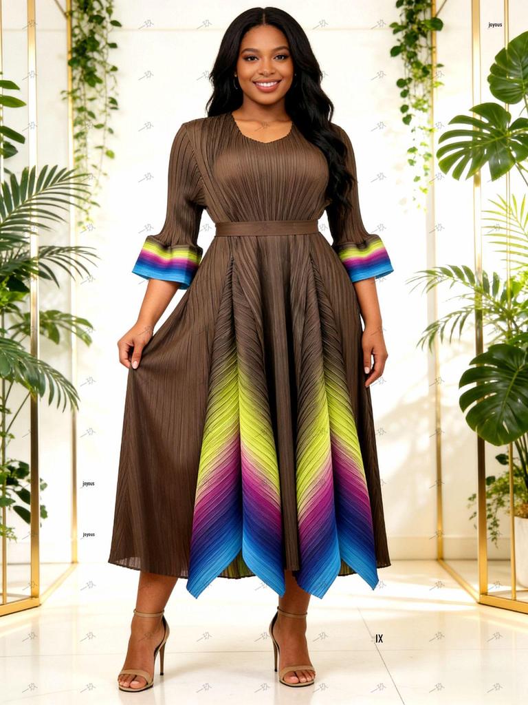 Miyake Plus Size Elegant Gradient Pleated Dress for Women - European & African Style