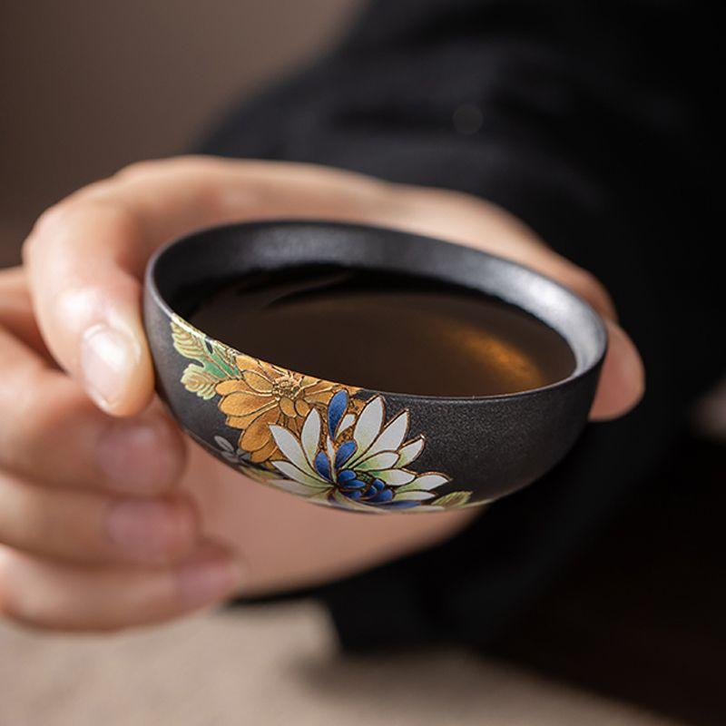 Kiln turned silver black stamping relief craft tea cup Goupin cup antique ceramic master cup tea cup Kung Fu tea set