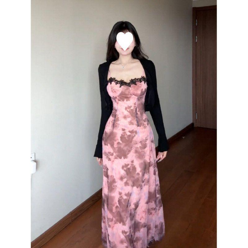 

Pure Desire Style Lace Patchwork Tie-Dye Suspender Dress Set for Women, Summer Thin Sun-Protective Cardigan, Sweet and Spicy Waist-Cinching Long Dress Yy9223 Pink [Skirt + Cardigan] S