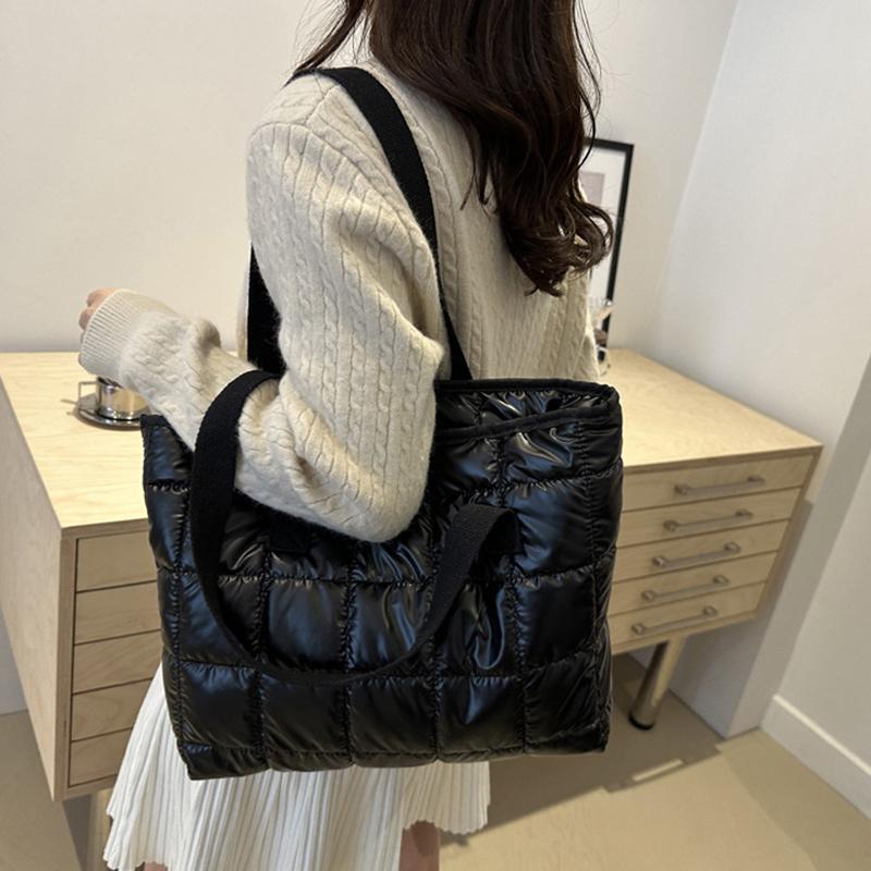 Ladies Tote Handbags Large Capacity Cotton Padded Shopping Bag Rhombus Portable Handbag Quilted Solid For Leisure Travel