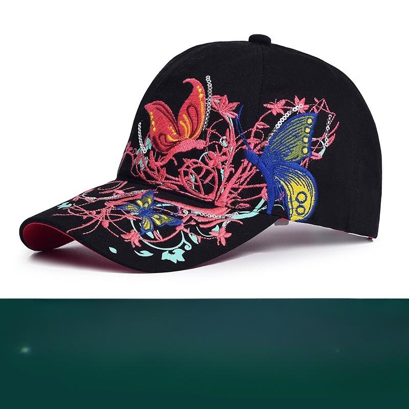 Women's Spring and Autumn Versatile Baseball Cap New Style Ethnic Embroidered Black Sun Hat Baseball Cap Brain Flower Hat