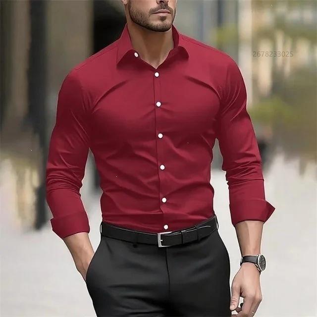 Cămașă pentru bărbați, stil business casual, cu mânecă lungă, culoare solidă, guler revere, rezistentă la șifonare, mărime mare