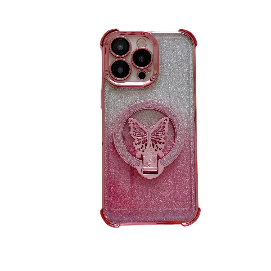 Applicable To IPhone16 Mobile Phone Case Magnetic Flash Powder Butterfly Stand 14 Apple 15 Four Corner Airbag Anti-fall Cover