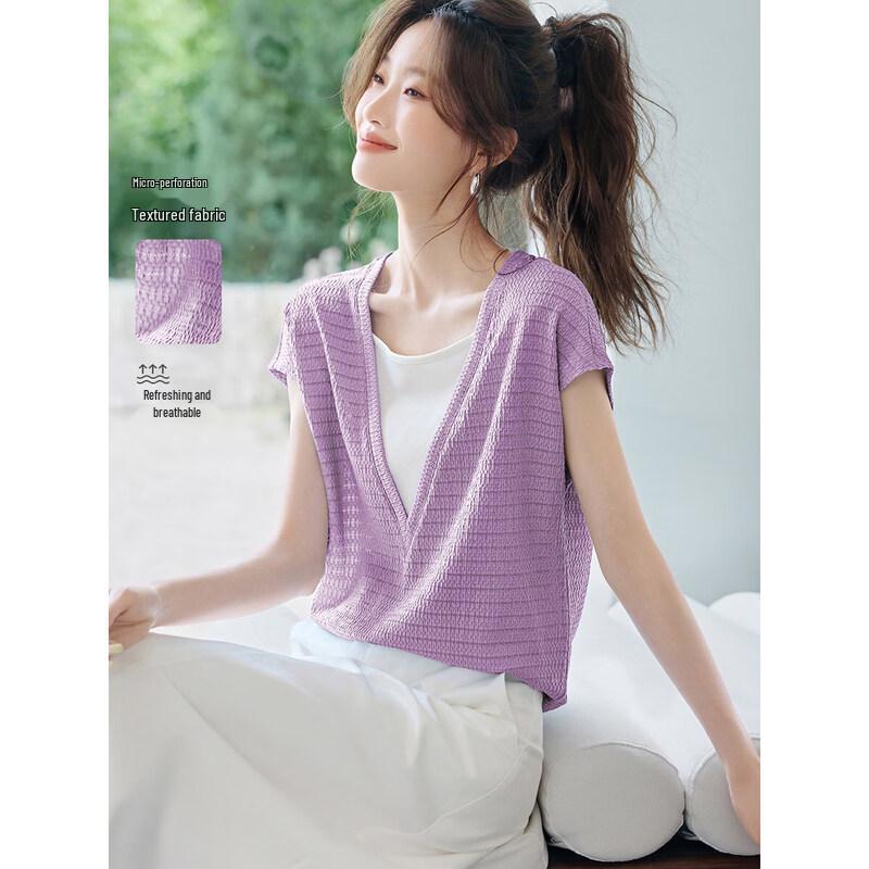 Mohan Yimei Women s Faux Two-Piece Layered V-Neck T-Shirt 2XL