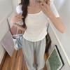 Square Collar Straight Shoulder Slim White Short-sleeved Women's Summer New Style Irregular Hem T-shirt
