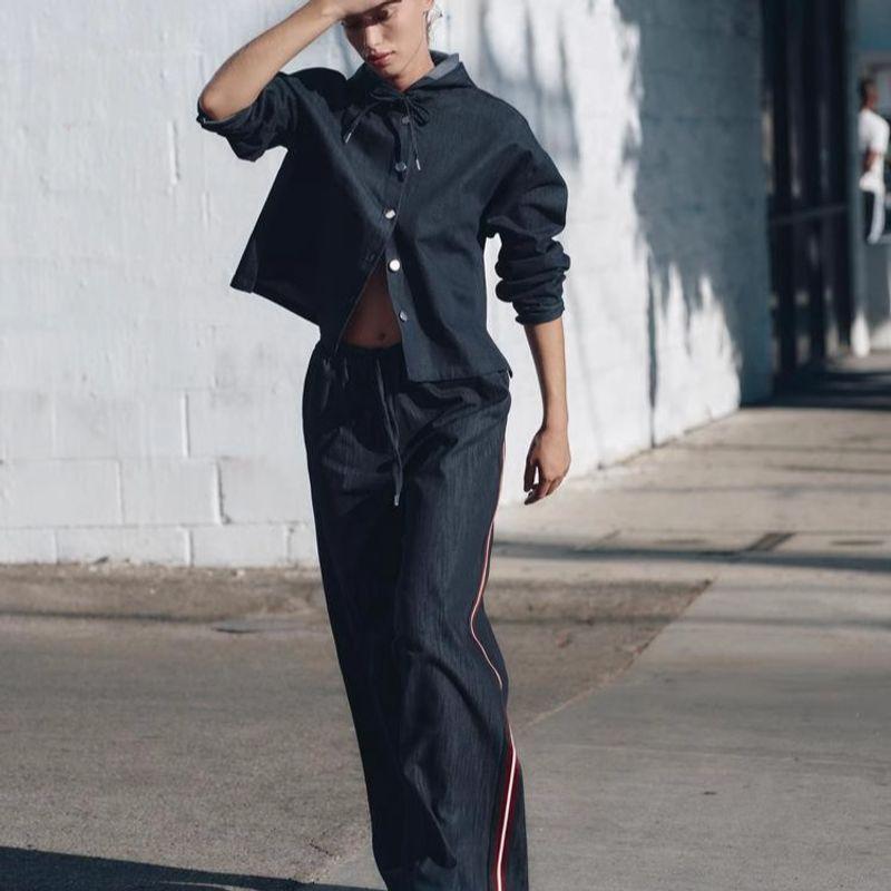 Spring New Women's Clothing Loose Hooded Denim Tops 3564181 Stripes Denim 3564180