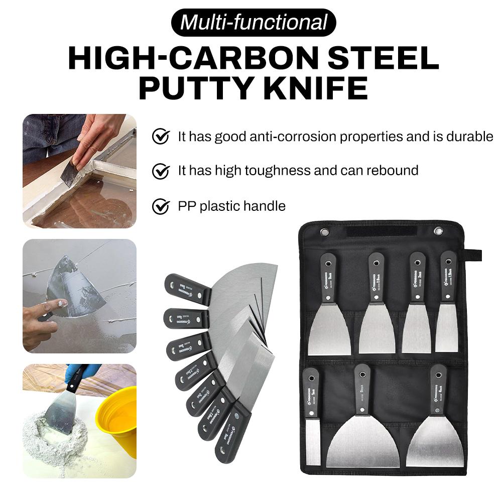 7PCS Carbon Steel Putty Knives Set Flex Drywall Knife Paint Scraper Kit 7 Sizes Soft Grip Handle Canvas Storage Bag Included