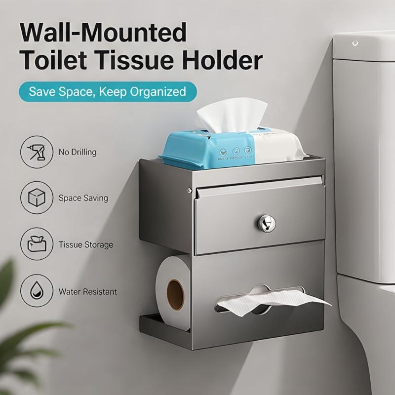 Adhesive Wall Mount Toilet Paper Storage Box with Covered Section and Upper Tray, Bathroom Tissue Case for Daily Use
