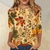 Women's Fashion 3/4 Sleeve Round Neck Top with Maple Leaf Print for Casual Wear