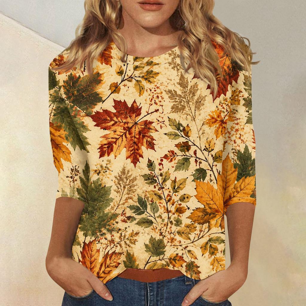 Women's Fashion 3/4 Sleeve Round Neck Top with Maple Leaf Print for Casual Wear