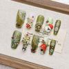 Green Christmas 2026 Snowflake Mid-Length Handmade Wearable Nail Art