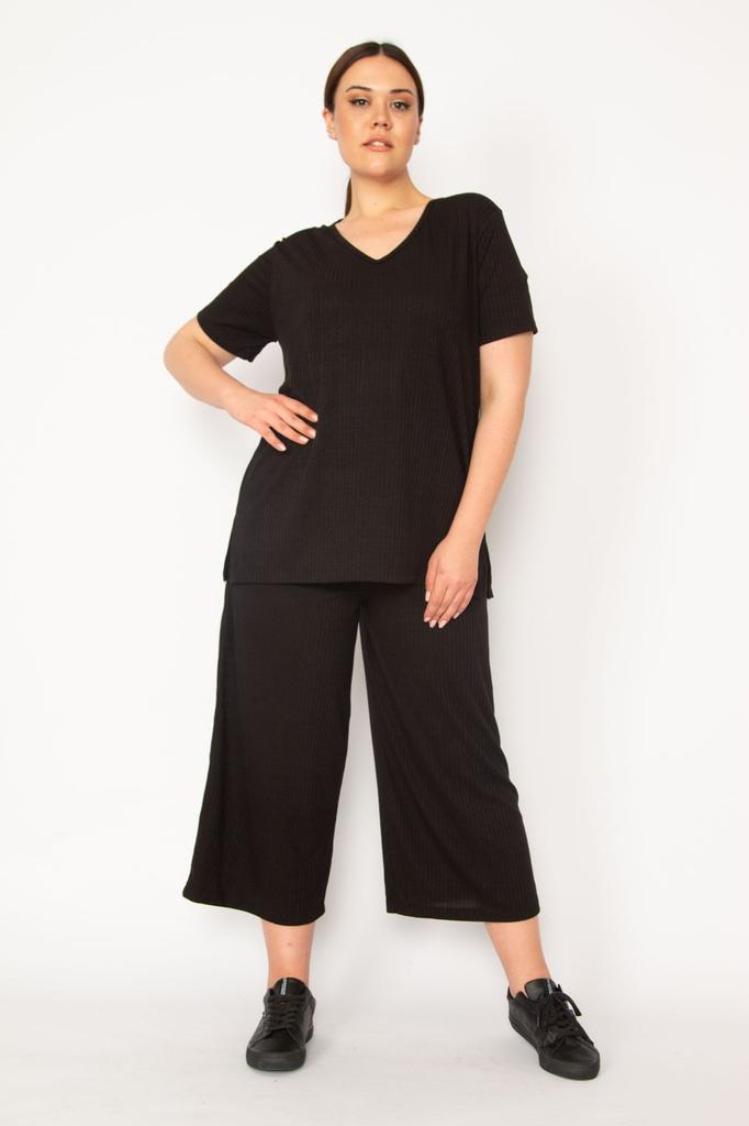 Women's Style Big Size Under-Upper Team Green Camisole Knitted Elastic Waist Wide Leg Trousers V-Neck Blouse Set