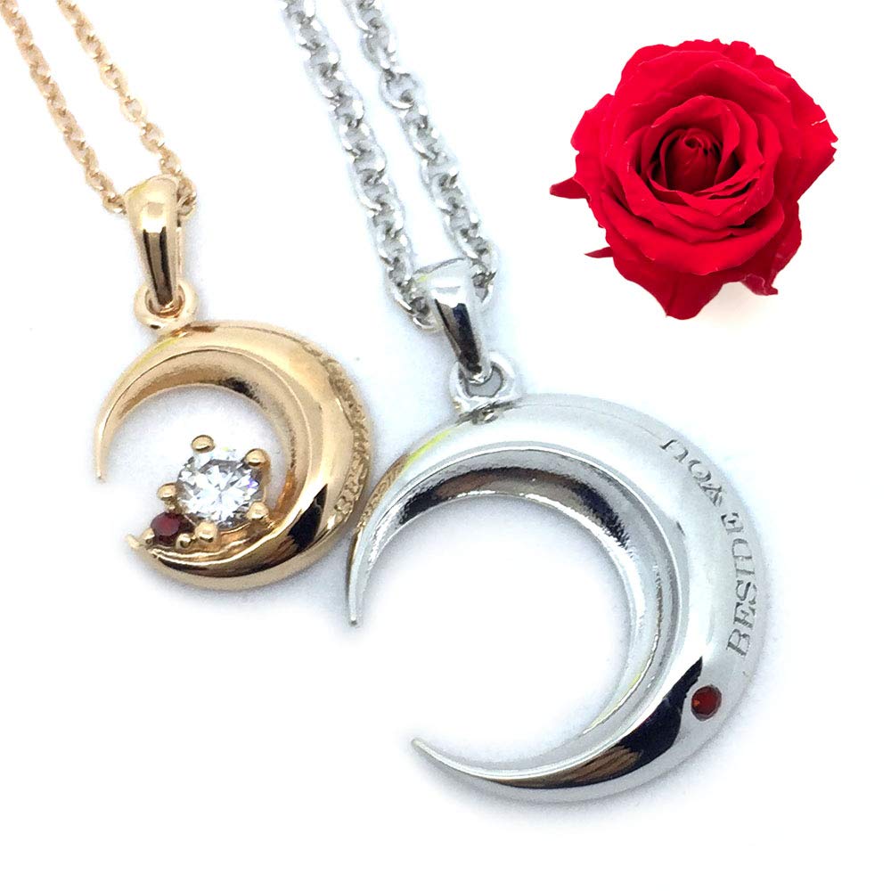 

[Rose Gift Set] close to me Moon Pair Necklace, Overlapping Moons, Red Diamond, Pink Gold, Preserved Flowers (No Engraving)