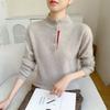 Baby Plush Autumn/Winter Soft Cashmere Color Block Knit Sweater - Women's Warm Button-Up Half-High Neck Base Layer.