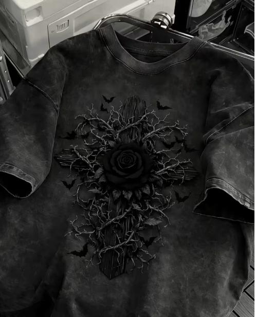 

Vintage Washed Black Rose Graphic TShirt Gothic CrossBatWing Print Tee Oversized Streetwear S