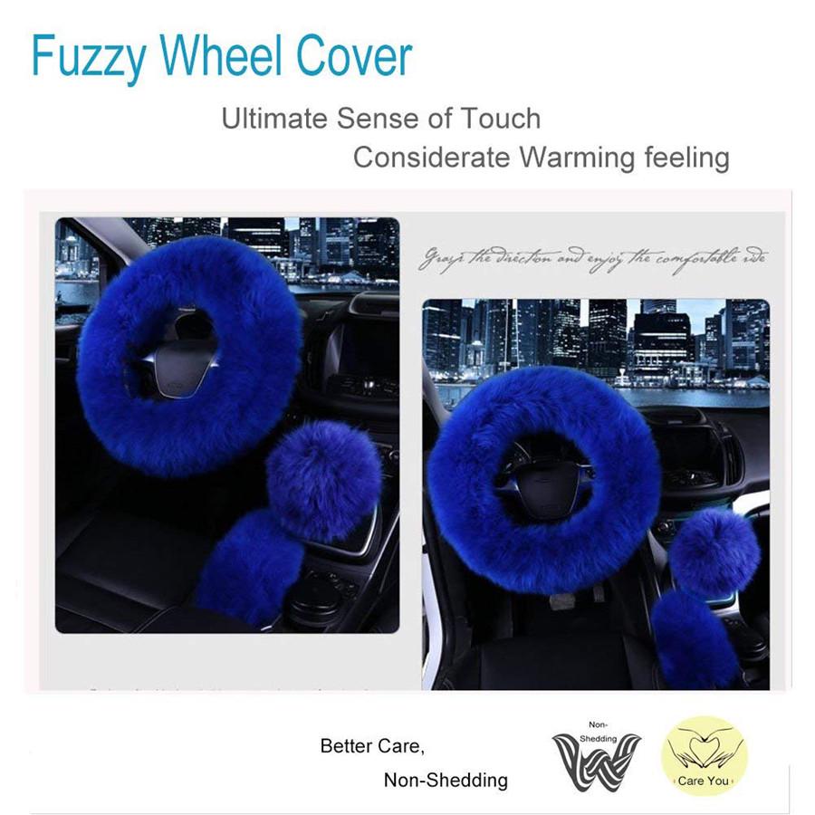 3 Pezzi Coprivolante Auto in Pelliccia Maturo Gemma Blu Lana Pelliccioso Soffice Spesso Inverno