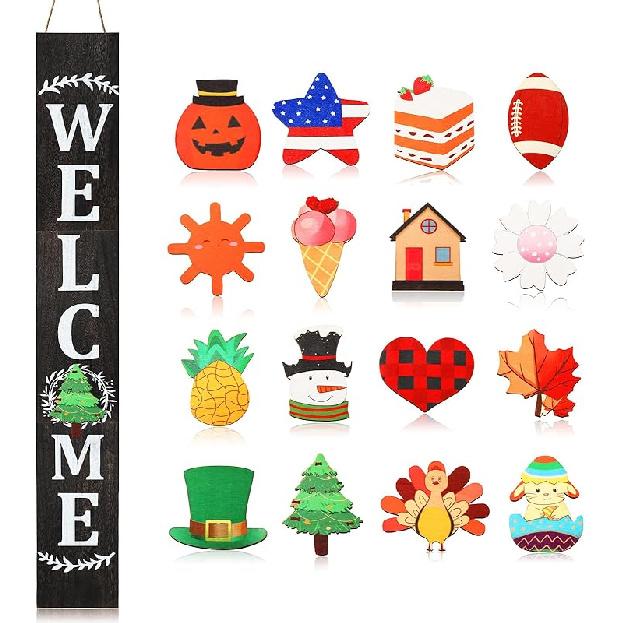 Jetec Welcome Sign for Front Door Interchangeable Wooden Welcome Porch Sign Outdoor Decoration Replaceable with 16 Seasonal Icon for Valentine's St.