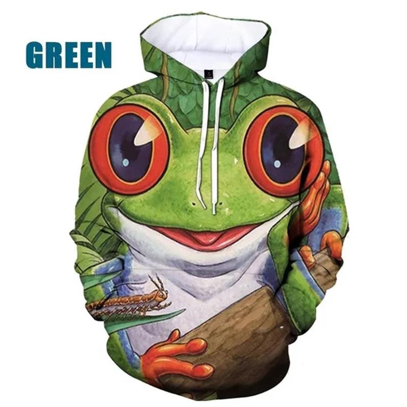 Mode Huvtröjor 3D Tryck Groda Djur Grafiska Huvtröjor Casual Plus Size Pullover Sweatshirts Toppar Herr Heltryckt Huvtröja