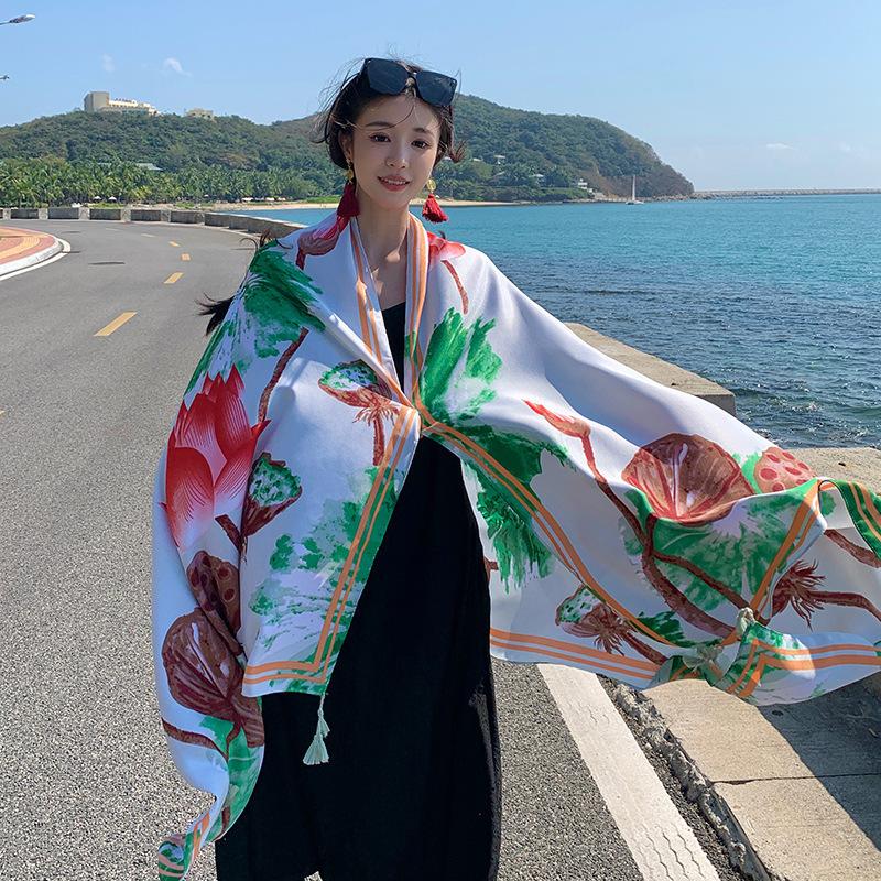1116 Summer lotus root flower pattern beach towel with fashionable sunscreen shawl seaside travel photo silk scarf woman
