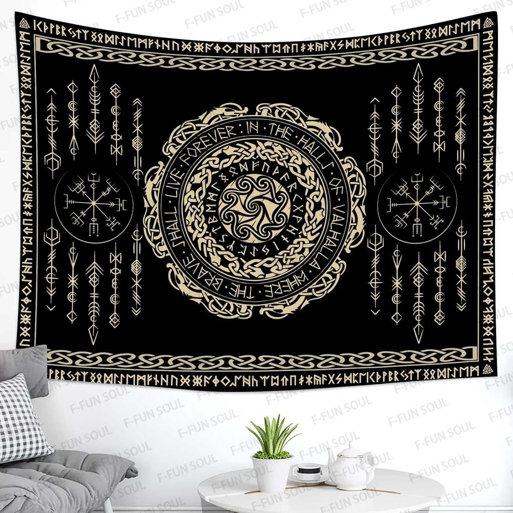 VIKAMA Viking Rune Tapestry Black Background with Gold Double Dragons Norse Mythology Living Room Study Game Room Wall Decor