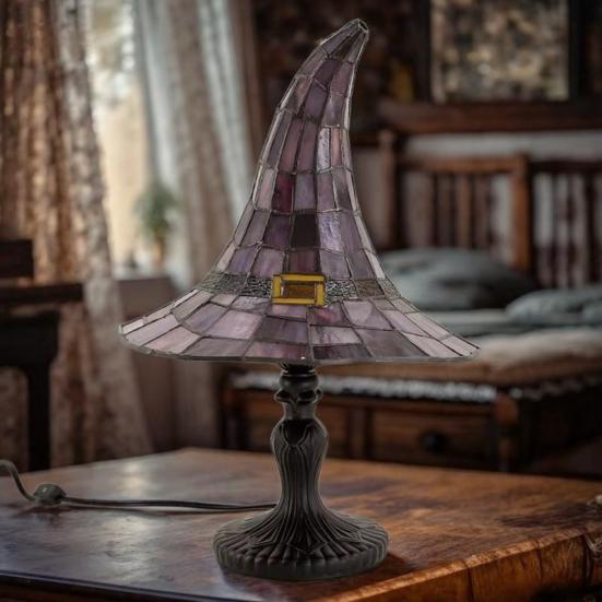 Stained Glass Witch Hat Lamp, USB Powered Resin Night Light, Gothic Halloween Table Lamp for Bedroom Bookshelf Mantel Party Decor