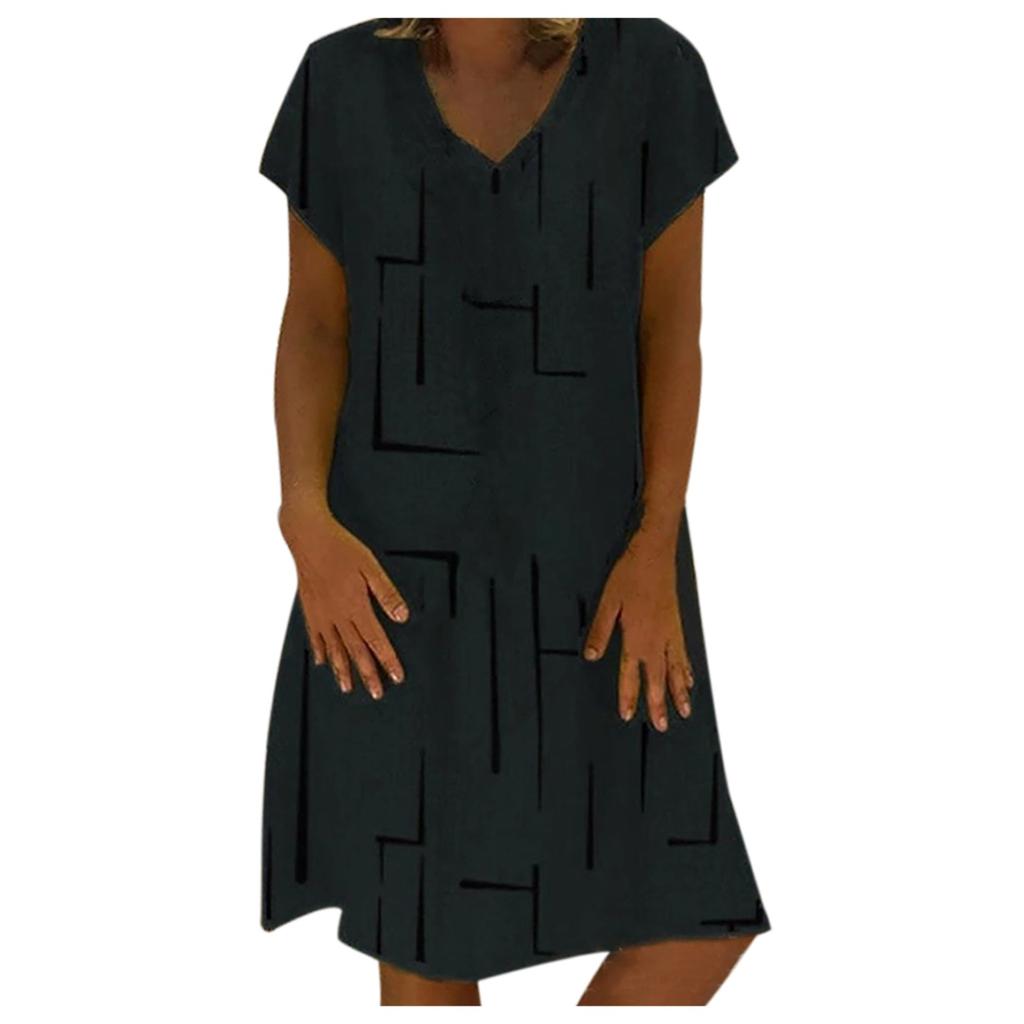 Folded Line Printing Loose Pullover Princess Dress V-neck Ladies Dress