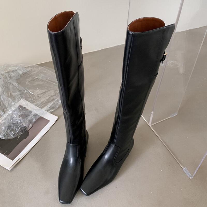 Fashion Square Head Back Slit 3cm Low Heel Long Boots Autumn Winter Spicy Girls Simple Fashionable Knee Length Women's Boots Size 34-42