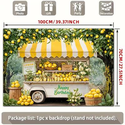 2D Lemon Truck Birthday Backdrop, Yellow Lemonade Cart Party Photo Booth Background Banner