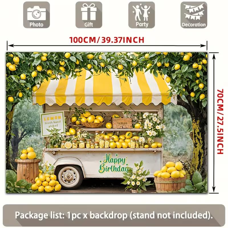 2D Lemon Truck Birthday Backdrop, Yellow Lemonade Cart Party Photo Booth Background Banner