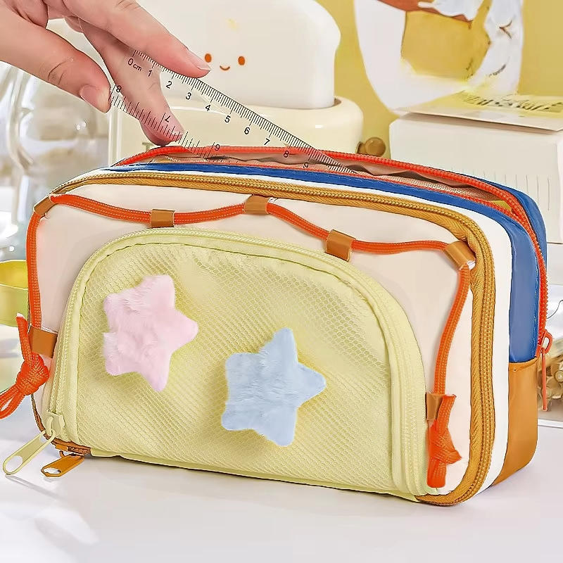 Cute Multi Layer Large Capacity Pencil Case for Kids Girl Five Point Star Stationery Organizer Students Portable Pen Bag