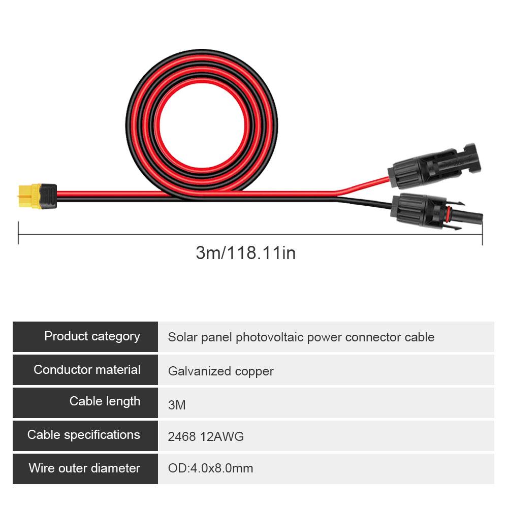 0.6M/3M 12AWG XT60 Adapter To Solar Connector Extension Cable Connection Wire for Battery Charging Solar Generator Power Station