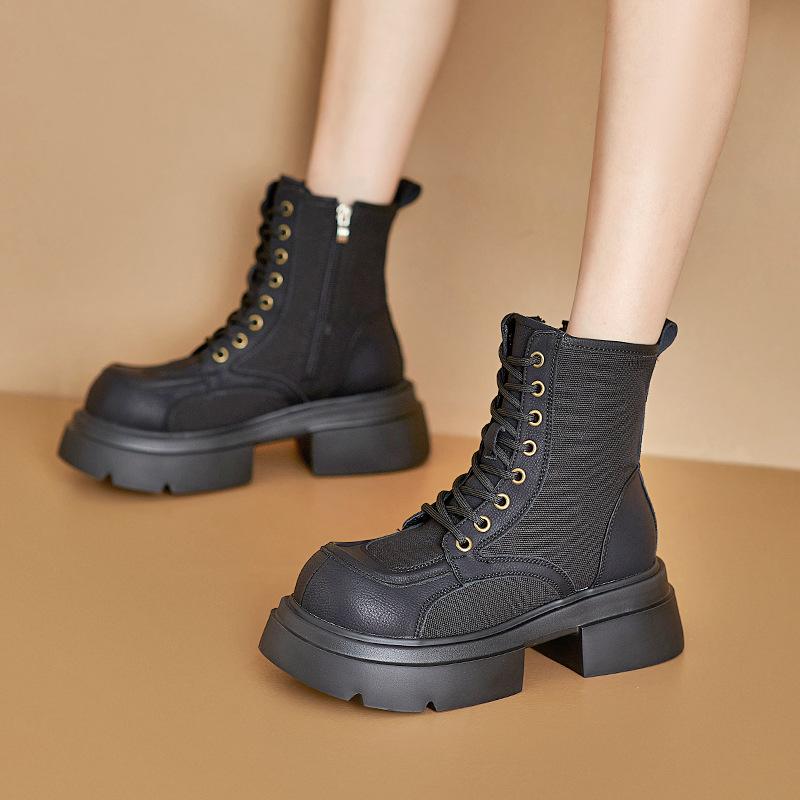 Short Boots 2026 New British Style Retro Yellow Boots for Women Thick Soled Genuine Leather Women's Lace Up Women's Boots