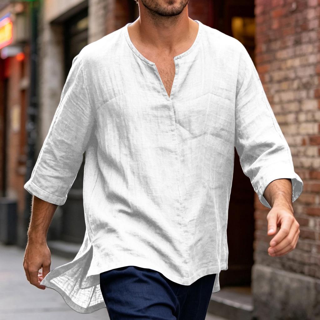 Men's Casual Linen Cotton Blend Three Quarter Sleeve Shirt Loose Fit Lightweight Breathable Summer Top