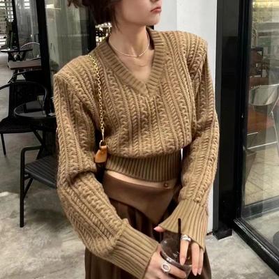 Vintage High-waisted Threaded Pullover Sweater V-neck Waist Waist Short Twist Sweater Women's Fashionable Slimming Autumn and Winter New