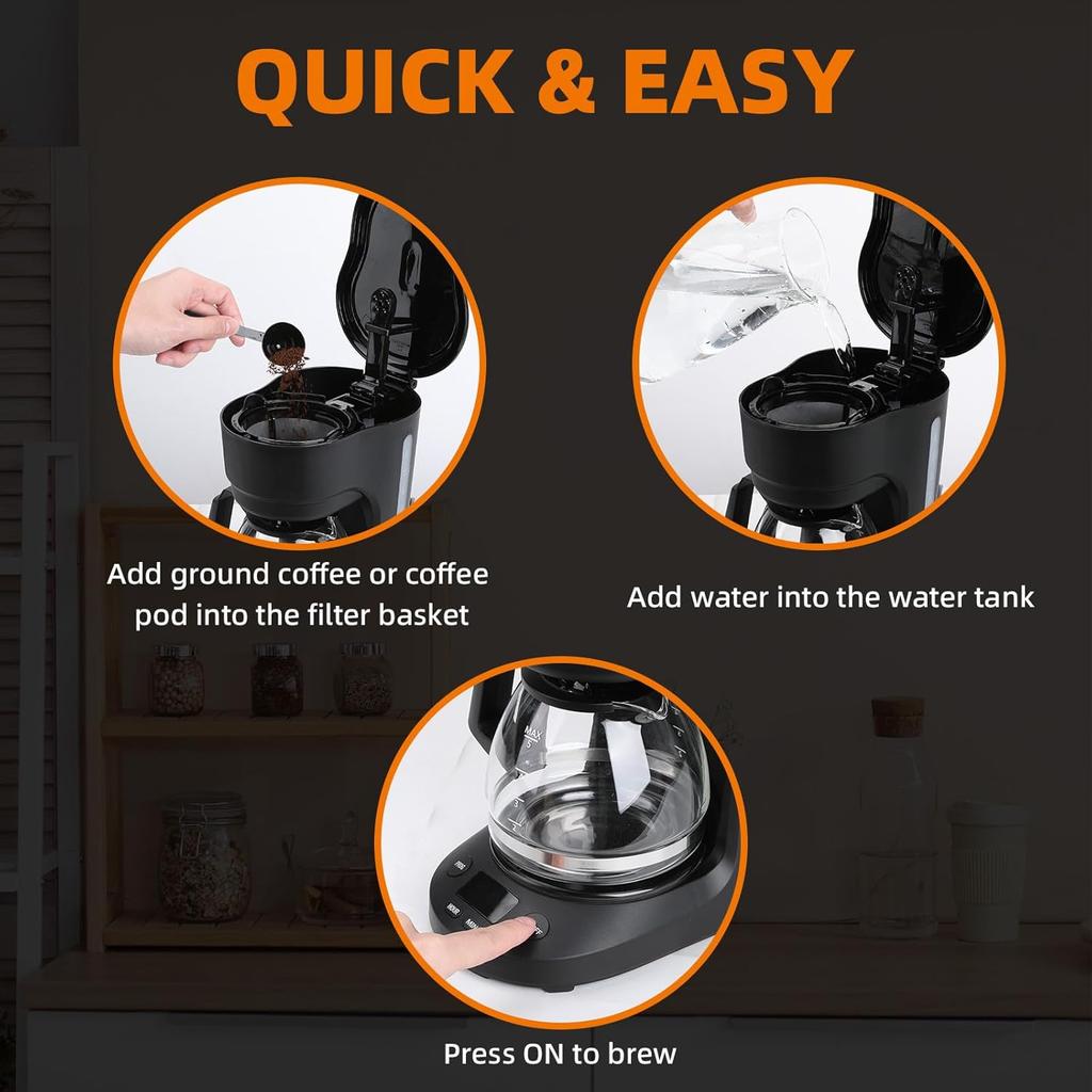 5-Cup Drip Coffee Maker, a Compact Coffee Machine with a Digital Clock and 24-hour Programmable Timer, Featuring Auto